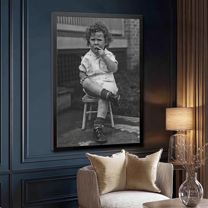 Little Boy Smoking A Cigar, Black And White , Vintage Photo, Oddities, Funny Poster Canvas Poster Wall Art Decor Print Picture Paintings for Living Room Bedroom Decoration Black Frame 12x18in(30x45cm)