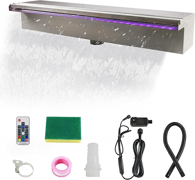 19.6 Inch Pool Waterfall Spillway, Stainless Steel Pond Waterfalls with Multi Color-LED Light Outdoor Pool Fountain, Water Flow Fountains Kit for Garden Patio & Rockery Decoration