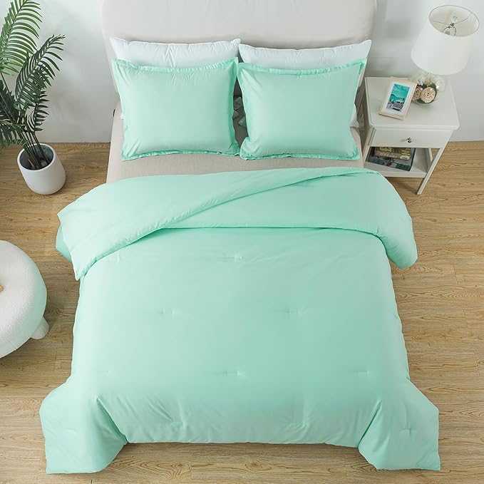Queen Sage Green Comforter Set, Solid Lightweight Skin-Friendly Boho Bedding Set & Collections, Breathable Fluffy Microfiber 3 PCS (90"x90") Comforter Set for All Seasons with Pillowcases