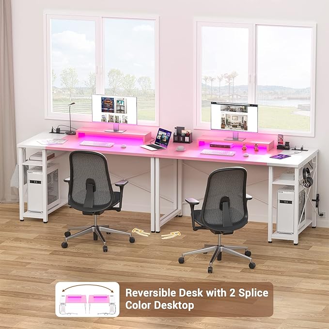 armocity Computer Desk with LED, Gaming Desk with Outlets, 40 Reversible Laptop Table with Monitor Stand, Small Desk for Small Spaces, Pink