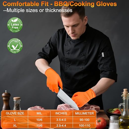 ANBOSON BBQ Gloves Disposable, Heat Resistant Grilling Gloves for Cooking | 10Mil Heavy Duty Nitrile Gloves-100Ct &4 Cotton Liners for Meat Handling Smoker for Hot Food Prep,Non-Slip Grip,Large,Orange