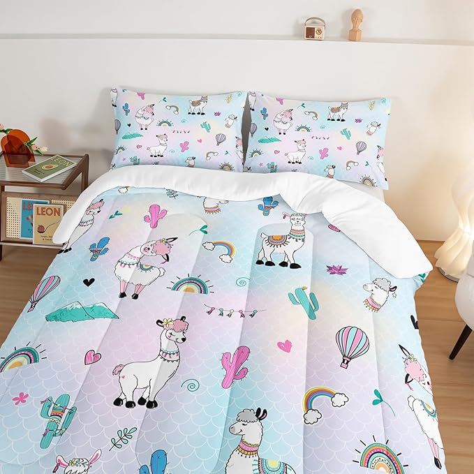 HOSIMA 3 Piece Cartoon Animal Llama Comforter,Cute Alpaca Toddler Comforter,Desert Cactus Plant Full Size Bed in a Bag Set for Adults Kids,Fish Scales Comforter Rainbow Bedding Sets for Girls Boys.