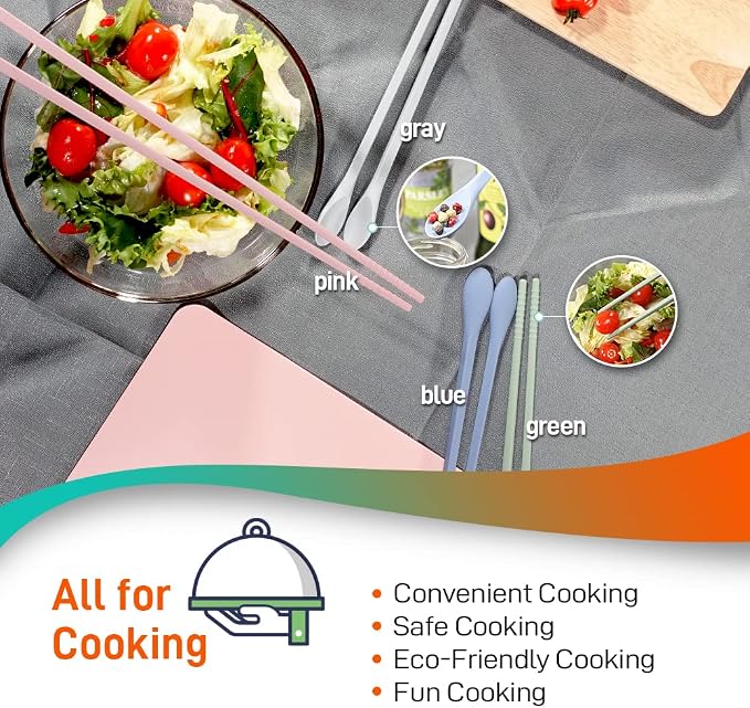 Reusable Long Silicone Cooking Chopsticks with Spoon 12 Inches 1 Pair, Dishwasher Safe, BPA-free Non-Slip, Non-Scratch, Korea Japanese Kitchen Utensils (Pastel Grey, 1Pair )