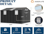 AMERLIFE 10x11.5x7.4 FT Galvanized Steel Storage Shed with 2 Transparent Panels, 2 4-Pane Windows & Hinged Double Doors, Outdoor Shed for Backyard, Patio, Garden, Dark Gray