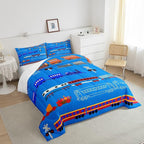 Erosebridal Train Full Comforter Set for Boys,Cartoon Car Bedding Set for Kids Boys Girls Toddler,Vintage Car Down Comforter,Retro Steam Railway Rail Traffic Light Duvet Set Bedroom Decor,Blue 3Pcs