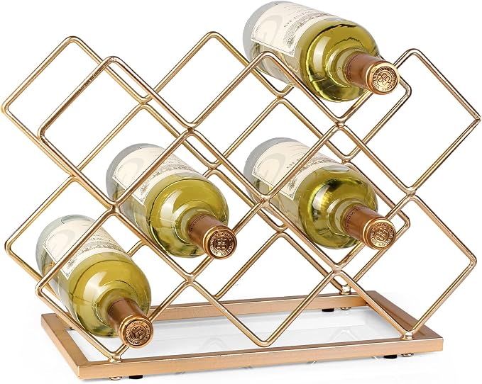 Countertop Wine Rack - 10 Bottle Freestanding Modern Gold Metal Small Wine Rack - Tabletop Wine Holder Stand for Cabinet, Pantry, Wine Bottle Storage…