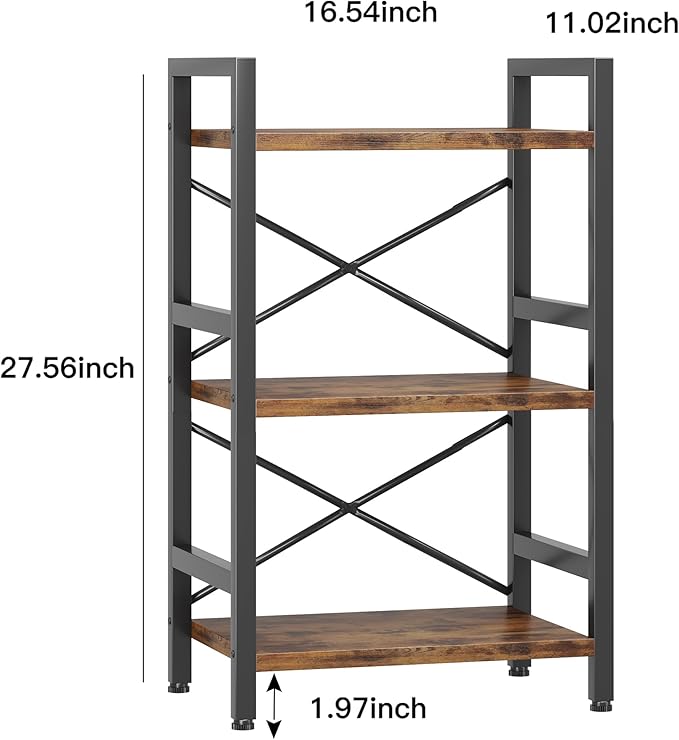 Conami Small Bookshelf, 3 Tier Industrial Bookcase, Bookcase Shelf Storage Organizer, Short Book Shelf for Bedroom, Living Room and Home Office, Vintage