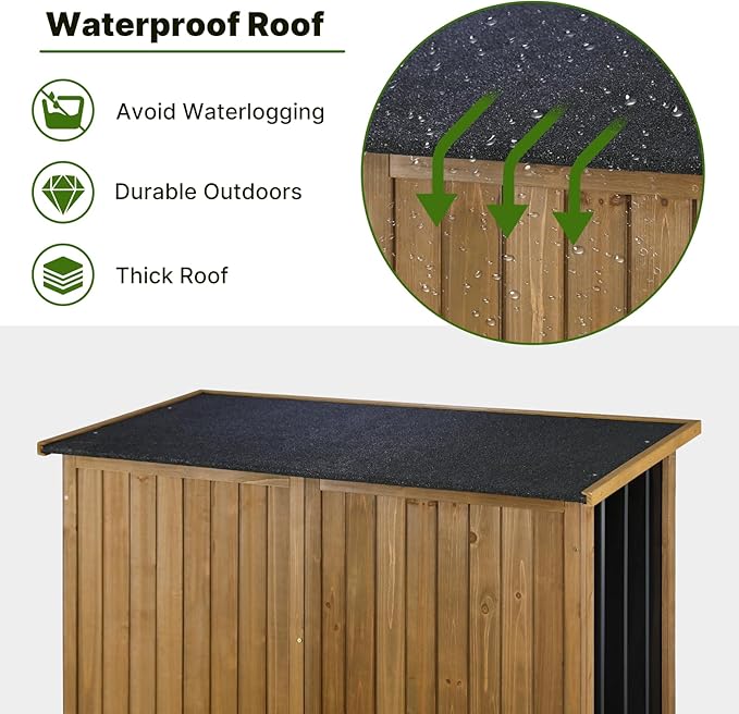Outdoor Storage Cabinet Wood & Metal with Waterproof Roof, Garden Tool Shed with 4 adjustable reinforced feet with metal brackets, 3 Removable Shelves, 6 T-Hinge, Magnetic door,18.1"D x 49"W x 68.5"H