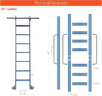 DIYHD 87" Rolling Library Ladder with Handrail, 4FT Sliding Rail, Blue | 7-Step lightweight ladder with space-saving upright storage, Telescopic top hooks, Locking bottom rollers, 300lbs capacity