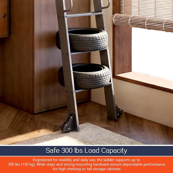 DIYHD 108" Rolling Library Ladder with Handrail, 4FT Sliding Rail, Black | 9-Step lightweight ladder with space-saving upright storage, Telescopic top hooks, Locking bottom rollers, 300lbs capacity