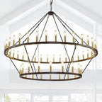 60 Inch Farmhouse Wagon Wheel Chandelier, 2 Tier 54-Lights Round Chandelier for Living Room, Rustic Black and Gold Chandelier, Extra Large Foyer Chandeliers for High Ceilings, for Staircase, Entryway