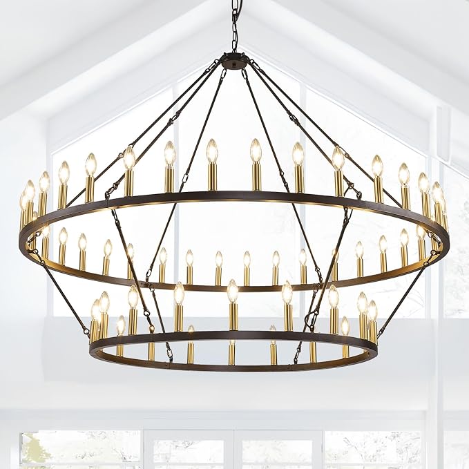 60 Inch Farmhouse Wagon Wheel Chandelier, 2 Tier 54-Lights Round Chandelier for Living Room, Rustic Black and Gold Chandelier, Extra Large Foyer Chandeliers for High Ceilings, for Staircase, Entryway