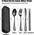 Travel Utensils with Case, Stainless Steel Portable Cutlery Set for Camping Picnic, Lunch Box Silverware for Work, Reinforced Case with Snap-Lock Closure, Include Fork Spoon Knife Chopsticks, Black