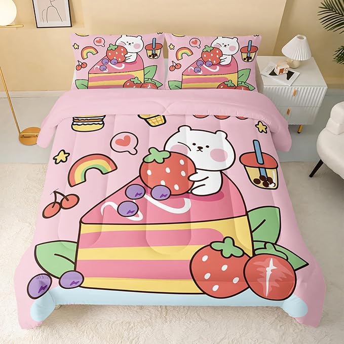 Kawaii Bear Comforter Twin,Pink Bear Comforter Set for Kids Teens Girls,3Pcs Bedding Set Printed Comforter with 2 Pillowcases,Down Alternative,Soft and Lightweight，Twin Size