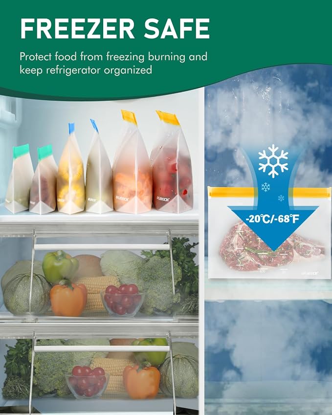 IDEATECH 18Pack Reusable Food Storage Bags, Reusable Freezer Bags Stand Up | Dishwasher Safe, Leakproof, BPA-Free Food Grade, Fridge and Freezer Safe Bags for Lunch Prep, Sandwiches, Snacks & Daily Use