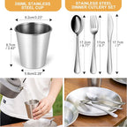 Odoland Stainless Steel Camping Mess Kit for Family & Person | Cooking Tableware Utensils with Plates Bowls Forks Spoons Knives & Savings Bag for Camping, Backpacking, Hiking, Picnic