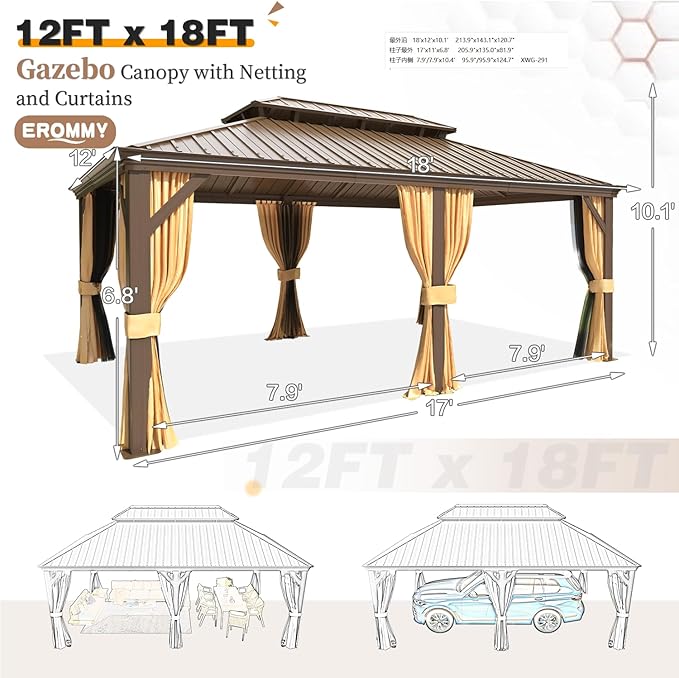 EROMMY 12'x18' Hardtop Gazebo,Galvanized Steel Double Roof Metal Gazebos with Curtain and Netting, Brown Permanent Pavilion Canopy with Aluminum Frame for Patios,Gardens,Lawns
