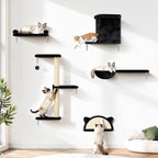 5-in-1 Cat Wall Shelves, Solid Wood & Velvet & Sisal Scratcher, 44lbs Max Load, Wall Mounted Cat Furniture for Climbers, Cat Climbing Wall System, Fits Drywall & Solid Walls - Black