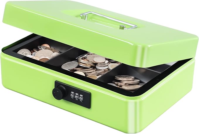 KYODOLED Large Cash Box with Combination Lock,Safe Metal Box for Money, Storage Lock Box with Money Tray,9.84"x 7"x 3.54" Limegreen Large