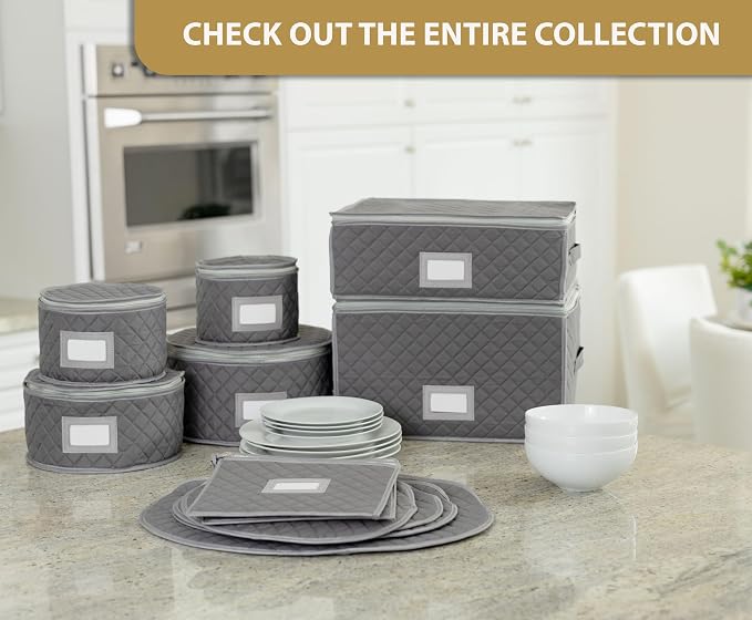 Stack Store Plus More China Storage Quilted Case for Dessert Plate, Bowls, Small Plate or Saucer - 8" W x 6" H - Gray - Includes 12 Felt Separators