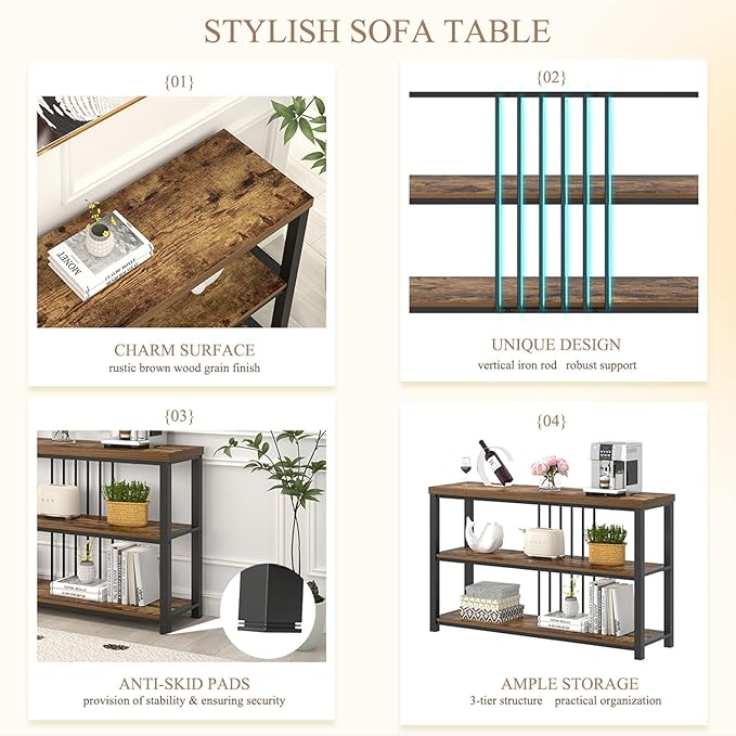 FOLUBAN Industrial Console Table, 3 Tier Entryway Table, Sofa Foyer Table for Living Room Hallway Behind Couch, Rustic Brown
