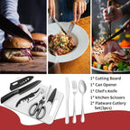 Portable Camping Kitchen Utensil Set-27 Piece Cookware Kit, Stainless Steel Outdoor Cooking and Grilling Utensil Organizer Travel Set Perfect for Travel, Picnics, RVs, Camping, BBQs, Parties and More