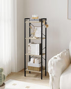Bookshelf, Book Shelf, Industrial Bookcase with 2 Hooks, Coner Shelf Storage Organizer for Home Office, Living Room, Bedroom, Kitchen, 4-Tier Greige BC10405B
