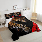 Erosebridal Leopard Comforter Set Queen Size,Red Rose Cheetah Bedding Set,Cat Leopard Print Down Comforter, Romantic Floral Quilted Duvet, Safari Animal Quilt Set, Stylish Bedroom Decor, Black