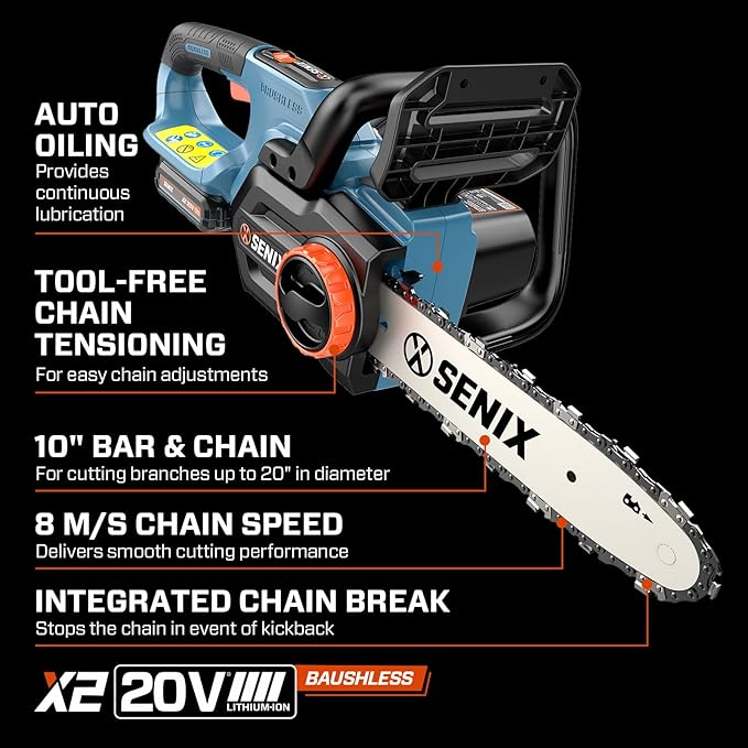 SENIX 20V 10" Electric Chainsaw, Cordless Battery Powered Chainsaw, Brushless Chain Saw, Garden Tool for Trees, Pruning, Branch Cutting, Yard, Gift for Men Dad Husband Fathers, Tool Only, CSX2-M-0