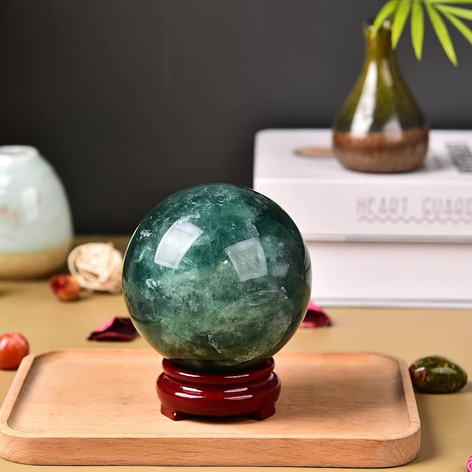 JIC Gem Large Healing Crystal Ball, Green Fluorite Crystal Sphere with Stand Crystal Decorative Ball Home Decoration (100-110mm)