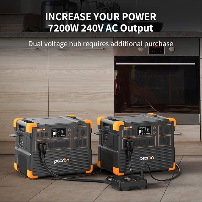 PECRON Two E3600LFP Portable Power Station with 240V Double Voltage Hub and Four Extra Batteries, 3072Wh Power Station, 3600W LiFePO4 Battery Backup, Solar Generator for Home Use, RV, Camping