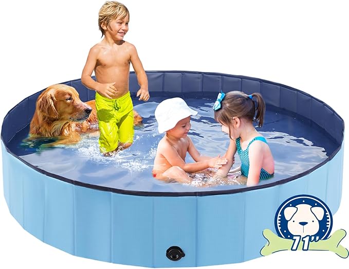 Foldable Dog Pool, Portable Pet Bath Tub and Kiddie Swimming Pool, Collapsible Bathtub for Puppies, Small, Medium and Large Dogs, Cats and Kids, 71 x 12 in, Blue