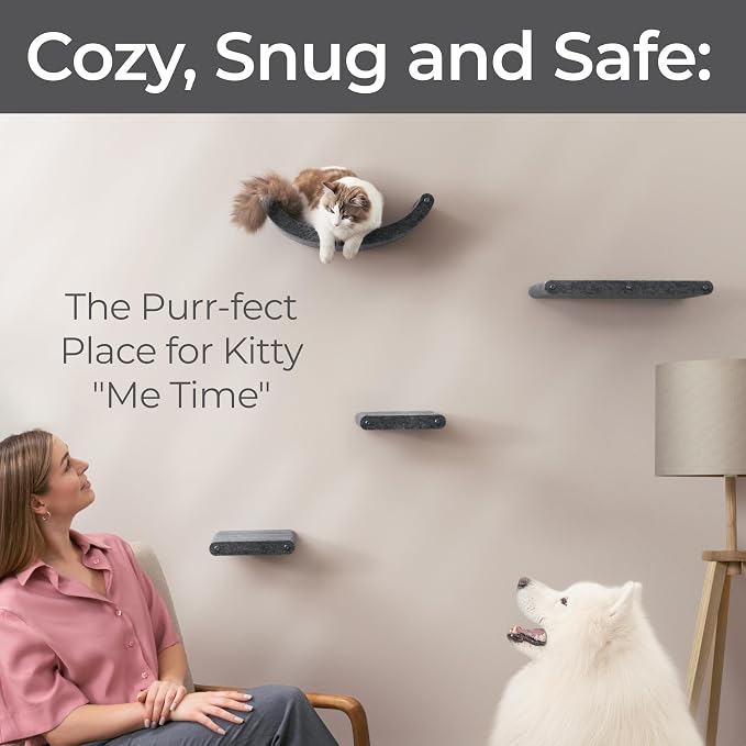 Wall Mounted Cat Shelves (Set of 4) by Pryde Pets - 100% Sustainable PET Felt Feline Enrichment Climber Furniture for Small & Large Indoor Cats, Modern Climbing Gym Jungle Design (Charcoal)