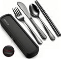 Travel Utensils with Case, Stainless Steel Portable Cutlery Set for Camping Picnic, Lunch Box Silverware for Work, Reinforced Case with Snap-Lock Closure, Include Fork Spoon Knife Chopsticks, Black
