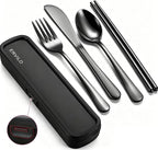 Travel Utensils with Case, Stainless Steel Portable Cutlery Set for Camping Picnic, Lunch Box Silverware for Work, Reinforced Case with Snap-Lock Closure, Include Fork Spoon Knife Chopsticks, Black