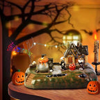 Halloween Village Witch Cauldron Bubble Figurine with Lit House Spooky Town Indoor Decoration Accessories for Holiday Display, Battery Operated