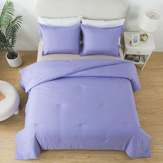 Full Size Lavender Purple Comforter Set, Solid Down Alternative Soft Boho Bedding Comforter Set, Breathable Fluffy Skin-Friendly Comforter for All Seasons with Pillowcases