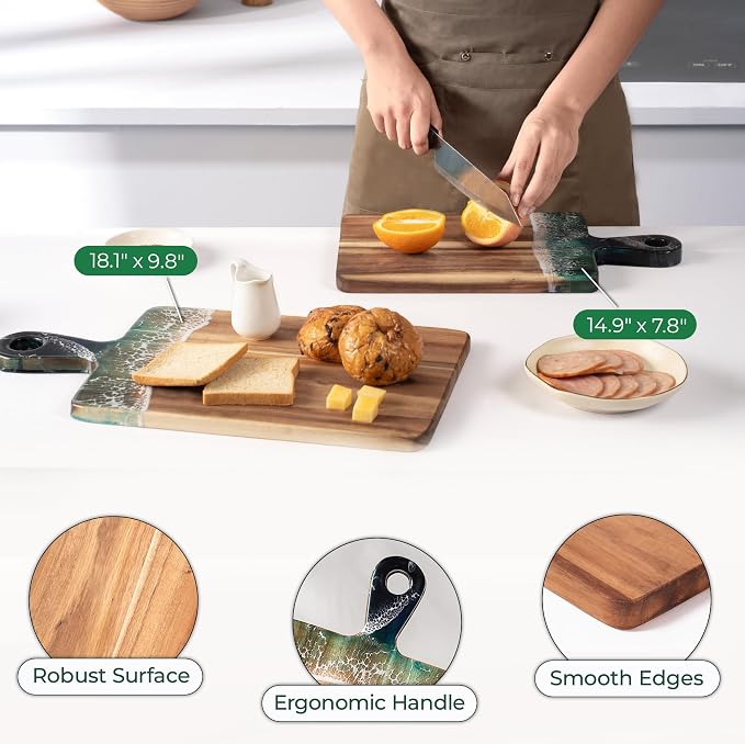 Acacia Wood Serving Board with Handle, 15" x 7.9" Dual-Sided Resin Art Tray for Display & Prep, Handcrafted Cutting Board, Includes Stand & Loofah, Christmas Housewarming Gift (Rectangular)