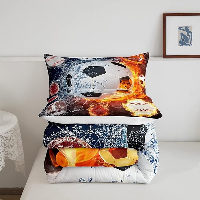 Erosebridal Boys Soccer Bedding Set Football Sports Queen Comforter Set for Kids Teens Youth Bedroom Decor Lightning Baseball Quilt Duvet Water Fire Basketball Comforter with 2 Pillow Cases Red Blue