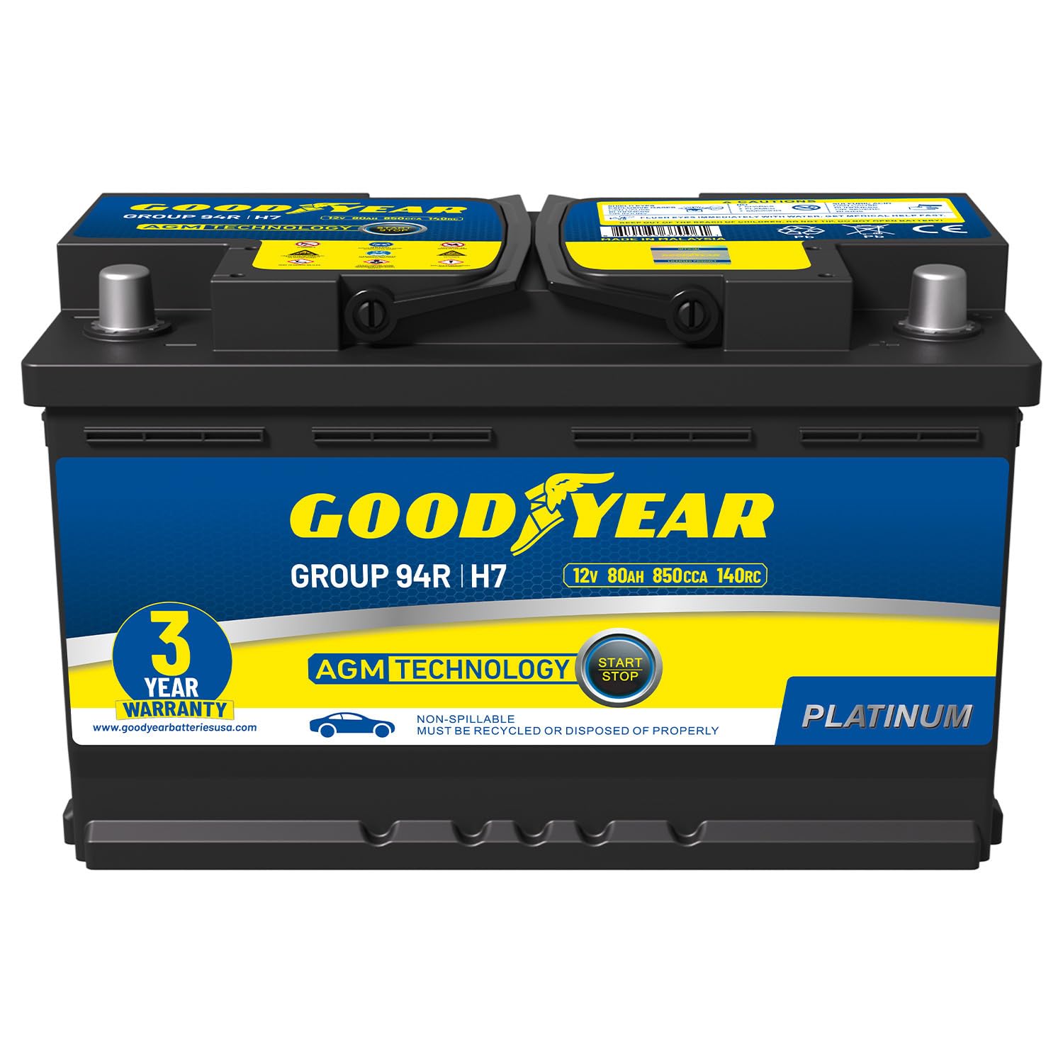 Goodyear 94R-H7-AGM BCI Group Size 94R 12V 80 AH, 140RC, 850 CCA Platinum series Rechargeable AGM Maintenance Free Automotive Ba