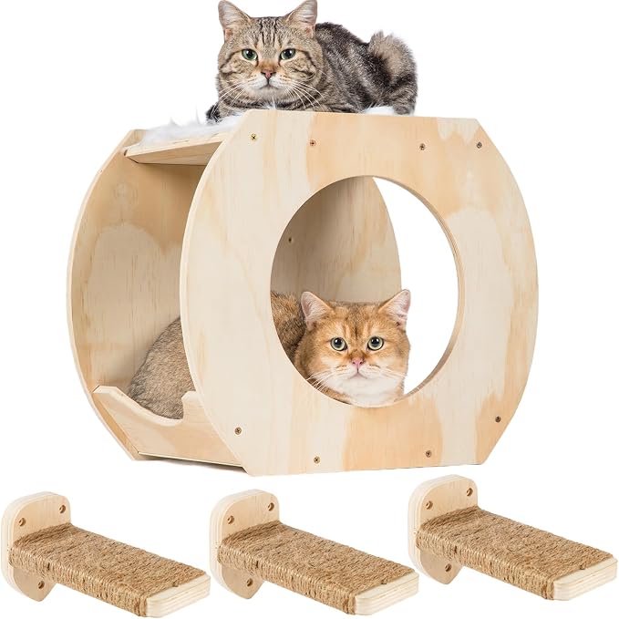 Cat Shelves - 3 Steps, Wall Climbing Shelf with Plush Covered Bed, Large Cats Set