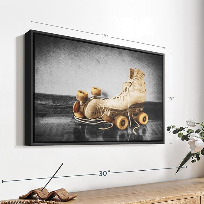 ElephantStock Vintage Skates Pop Wall Art - Horizontal Framed Canvas - 1-Piece Living Room Wall Decor - Sport Photography Canvas Print - Beige and Black Decor for Wall - 19" X 13"