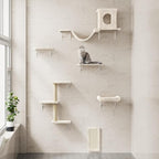 12-in-1 Cat Wall Shelves, Luxury Wall-Mounted Cat Climber Set with Condos House, Scratching Post, Bridge Ladder, Indoor Space-Saving Furniture for Kittens, Beige
