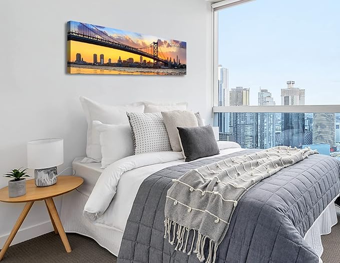 Philadelphia Skyline Wall Art Cityscape Living Room Decor Panorama Pictures City Building House Poster Canvas Print Bridge Sunset Scenery Office Bedroom Decorations Framed 13.8"x45.3"