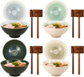 Geiserailie 40oz Ceramic Japanese Ramen Bowls Set of 4, 8 Inch Deep Asian Pho Udon Soup Noodle Bowls with Chopsticks, Spoons & Chopstick Rest -Microwave & Dishwasher Safe(Nordic Minimal)