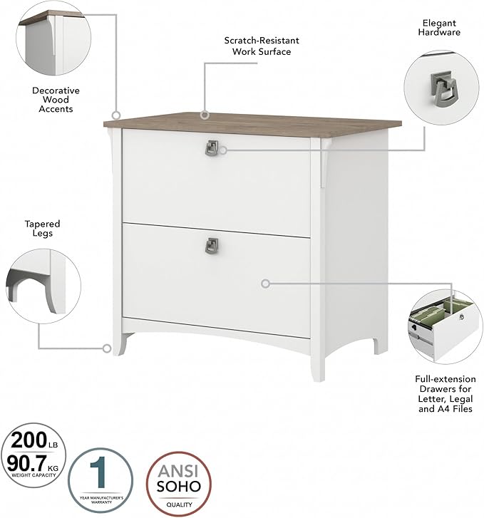Bush Furniture Salinas 2 Drawer Lateral File Cabinet in Pure White and Shiplap Gray