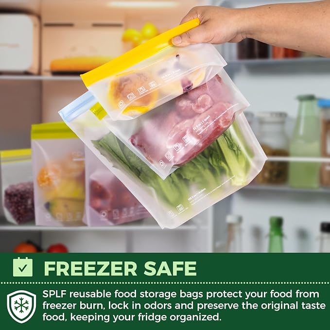SPLF 10 Pack Stand-Up Reusable Snack Bags Dishwasher Safe | BPA Free Food Storage Bags, Extra Thick Leakproof Freezer Bags Silicone Snack Pouch For Candy, Fruits, Cereal, Travel Item