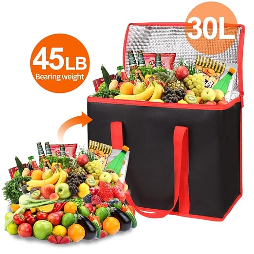Bodaon 1-Pack Insulated Reusable Grocery Shopping Bags, X-Large, Black-Red | Picnic Cooler Bag with Zippered Top Cold, Insulated Food Delivery Bag for Commercial Rideshare, Collapsible Tote Bags, Picnic