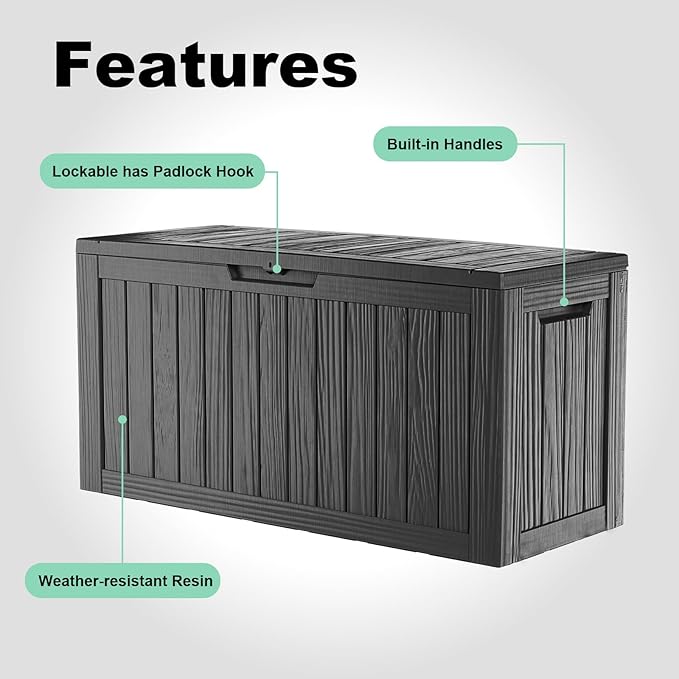 86 Gallon Outdoor Deck Box,Storage Lockable Waterproof Patio Furniture,Garden Tools,Cushions,Pool Accessories Outside Storage Resin Box(Black)