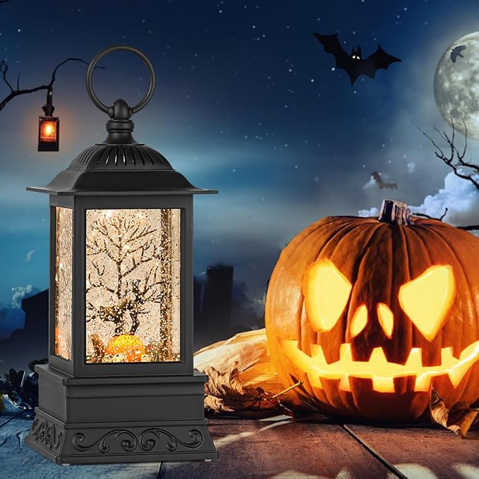 Halloween Snow Globe Black Cat Lantern, Glitter Lighted Snow Globes Halloween Decorations for Home, Light Up Snowglobe Halloween Décor